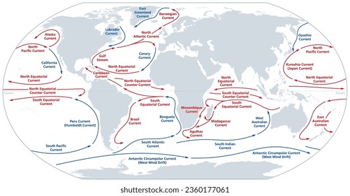 Mapa mundial de las principales corrientes oceánicas. Movimientos continuos y dirigidos de agua de mar generados por fuerzas que actúan sobre el agua, como el viento, la temperatura, etc. Corrientes cálidas mostradas en rojo, corrientes frías en azul.