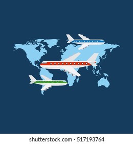 world map and many airplanes over blue background. import and export design. vector illustration