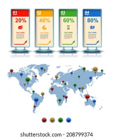 
World map with marker, Business 3D digital Infographics, Square with information sectors under, Step up options, Vector illustration Eps 10