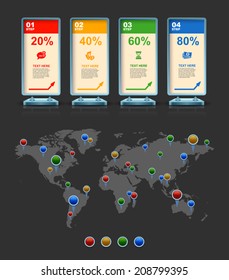 
World map with marker, Business 3D digital Infographics, Square with information sectors under, Step up options, Vector illustration Eps 10