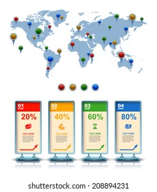 
World map with marker, Business 3D digital Infographics, Square with information sectors under, Step up options, Vector illustration Eps 10
