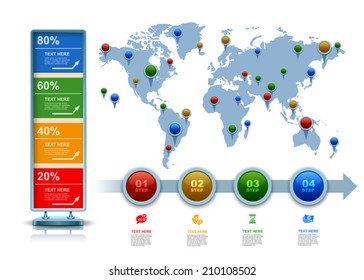World map with marker, Business 3D digital Infographics, Square with information sectors under, Step up options, Vector illustration Eps 10