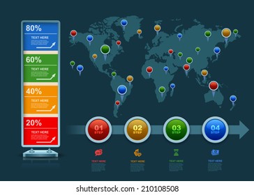 World map with marker, Business 3D digital Infographics, Square with information sectors under, Step up options, Vector illustration Eps 10