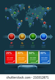 World map with marker, Business 3D digital Infographics, Square with information sectors under, Step up options, Vector illustration Eps 10