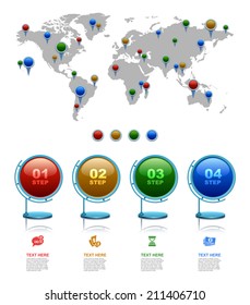 World map with marker, Business 3D digital Infographics, Modern construction,  Square with information sectors under, Step up options, Vector illustration Eps 10