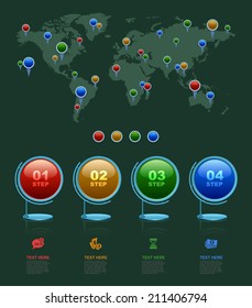 World map with marker, Business 3D digital Infographics, Modern construction,  Square with information sectors under, Step up options, Vector illustration Eps 10