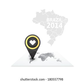 World map with a marker on Brazil, vector background illustration