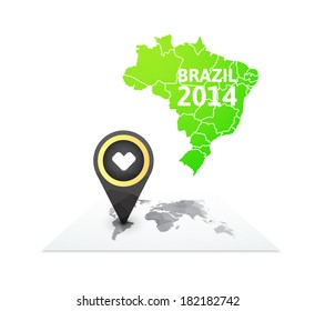 World map with a marker on Brazil, vector background illustration