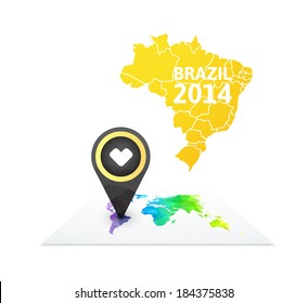 World map with a marker on Brazil, vector background illustration