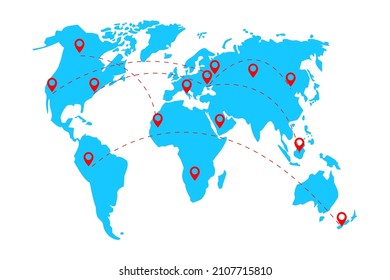 Mapa mundial con señales de marcador. Icono de ruta. Símbolo geográfico. Fondo de comunicación. Ilustración vectorial. Imagen de archivo.