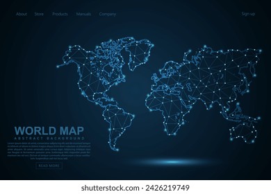 World Map mash line and point scales on blue technology background. Wire Frame 3D mesh polygonal network line, design sphere, dot and structure for website template design - Vector illustration eps 10