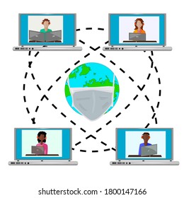 World map with mask and laptops with avatars. People from all over the world are networked and working. International school. Online meeting, work, study, education from home.Stock vector illustration