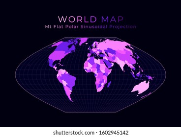 World Map. McBryde-Thomas flat-polar sinusoidal equal-area projection. Digital world illustration. Bright pink neon colors on dark background. Captivating vector illustration.