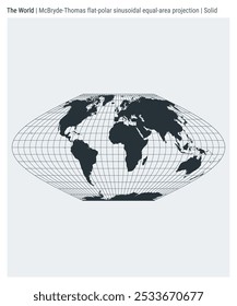 Mapa mundial. Proyección de área igual sinusoidal de polo plano de McBryde-Thomas. Estilo sólido. Mapa mundial de alto detalle para infografías, educación, informes, presentaciones. Ilustración vectorial.