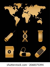 world map and medical symbols set