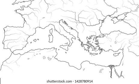 World Map of MEDITERRANEAN SEA REGION: 
South Europe (Spain, French Riviera, Italy, Balkans, Greece), Asia Minor (Turkey), Near East (Levant), North Africa (Egypt, Libya, Morocco). Geographic chart.