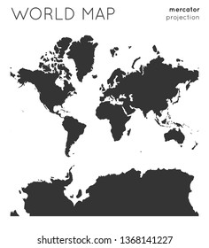World map in Mercator projection, modern vector illustration with a plain design.