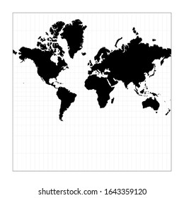 Mapa mundial con meridianos. Proyección de Mercator esférica. Planear mapa geográfico mundial con líneas gratificantes. Ilustración vectorial.
