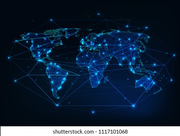 World map mesh with continents outline made of lines, dots, stars, triangles and surrounded by abstract framework. Globalization, internet connection, communication concept. Polygonal wireframe vector