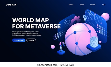 World Map for Metaverse. Metaworld. Web Landing Page Template. Vector illustration
