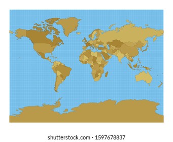 World map. Miller cylindrical projection. Map of the world with meridians on blue background. Vector illustration.