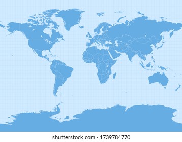 World map in Miller Cylindrical projection (EPSG:54003). Detailed vector Earth map with countries’ borders and 5-degree grid.
