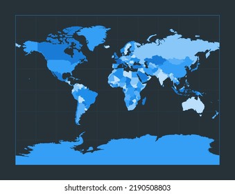 World Map. Miller cylindrical projection. Futuristic world illustration for your infographic. Nice blue color palette. Appealing vector illustration.