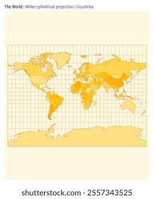 World Map. Miller cylindrical projection. Countries style. High Detail World map for infographics, education, reports, presentations. Vector illustration.