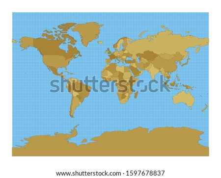 World map. Miller cylindrical projection. Map of the world with meridians on blue background. Vector illustration.