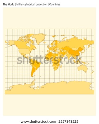 World Map. Miller cylindrical projection. Countries style. High detail world map for infographics, education, reports, and presentations. Vector illustration.