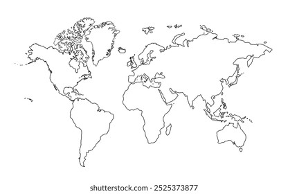 Mapa del mundo en forma de contorno de línea delgada mínima. Contornos Continentes del Globo Aislados sobre un Fondo Blanco. Ilustración vectorial.