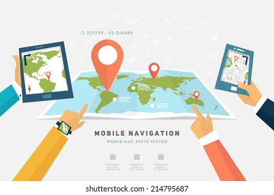 World Map. Mobile GPS Navigation. Tablet PC And Mobile Phone.