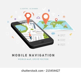 World Map. Mobile GPS Navigation. Mobile Phone. Mobile Technologies Concept. 