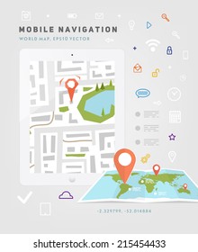World Map. Mobile GPS Navigation. Tablet PC. Mobile Technologies Concept. 