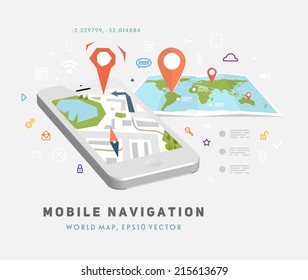 World Map. Mobile GPS Navigation. Mobile Phone. Mobile Technologies Concept. 