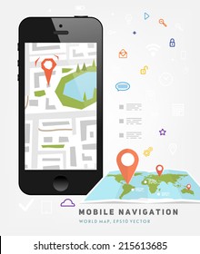 World Map. Mobile GPS Navigation. Mobile Phone. Mobile Technologies Concept. 