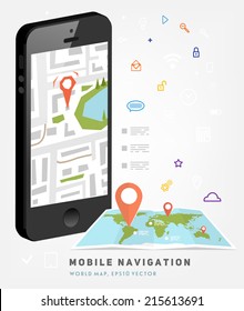 World Map. Mobile GPS Navigation. Mobile Phone. Mobile Technologies Concept. 