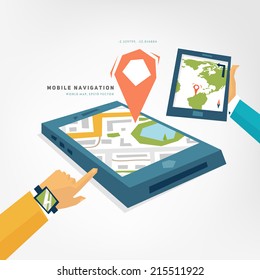 World Map. Mobile Phone with GPS Navigation App. Tablet PC. Mobile Technologies Concept.