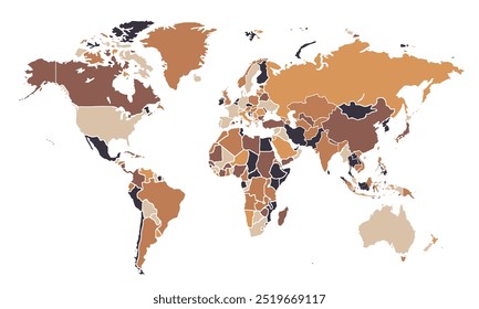 Mapa mundial. Mapa de color moderno. Mapa de tonos marrones.