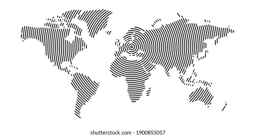 World map modern design. Pattern of black concentric circle stripes with rounded edges. Global communication, broadcasting or epicenter theme. Simple flat vector illustration.