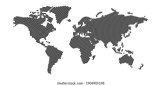 World map modern design. Pattern of black concentric circle stripes with rounded edges. Global communication, broadcasting or epicenter theme. Simple flat vector illustration.