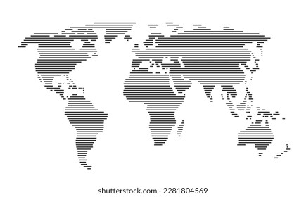 World map modern stylized design. Abstract world map, horizontal lines, stripes. Pattern of black stripes. Vector