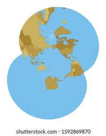 World Map. Modified stereographic projection for the Pacific ocean. Map of the world with meridians on blue background. Vector illustration.