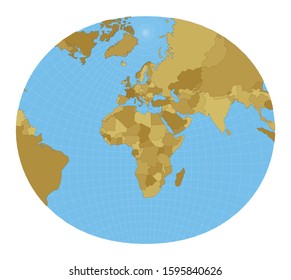 World Map. Modified stereographic projection for Europe and Africa. Map of the world with meridians on blue background. Vector illustration.