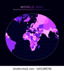 World Map. Modified stereographic projection for Europe and Africa. Digital world illustration with bright pink neon colors on a dark background. Attractive vector illustration.