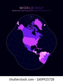 World Map. Modified stereographic projection for the conterminous United States. Digital world illustration with bright pink neon colors on a dark background. Appealing vector illustration.