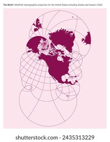 World Map. Modified stereographic projection for the United States including Alaska and Hawaii. Solid style. High Detail World map for infographics, education, reports, presentations.