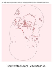 World Map. Modified stereographic projection for the United States including Alaska and Hawaii. Outline style. High Detail World map for infographics, education, reports, presentations.