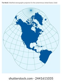 World Map. Modified stereographic projection for the conterminous United States. Solid style. High Detail World map for infographics, education, reports, presentations. Vector illustration.