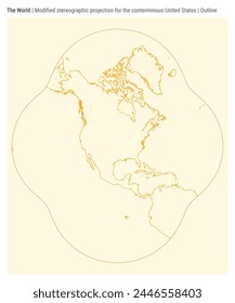 World Map. Modified stereographic projection for the conterminous United States. Outline style. High detail world map for infographics, education, reports, presentations. Vector illustration.